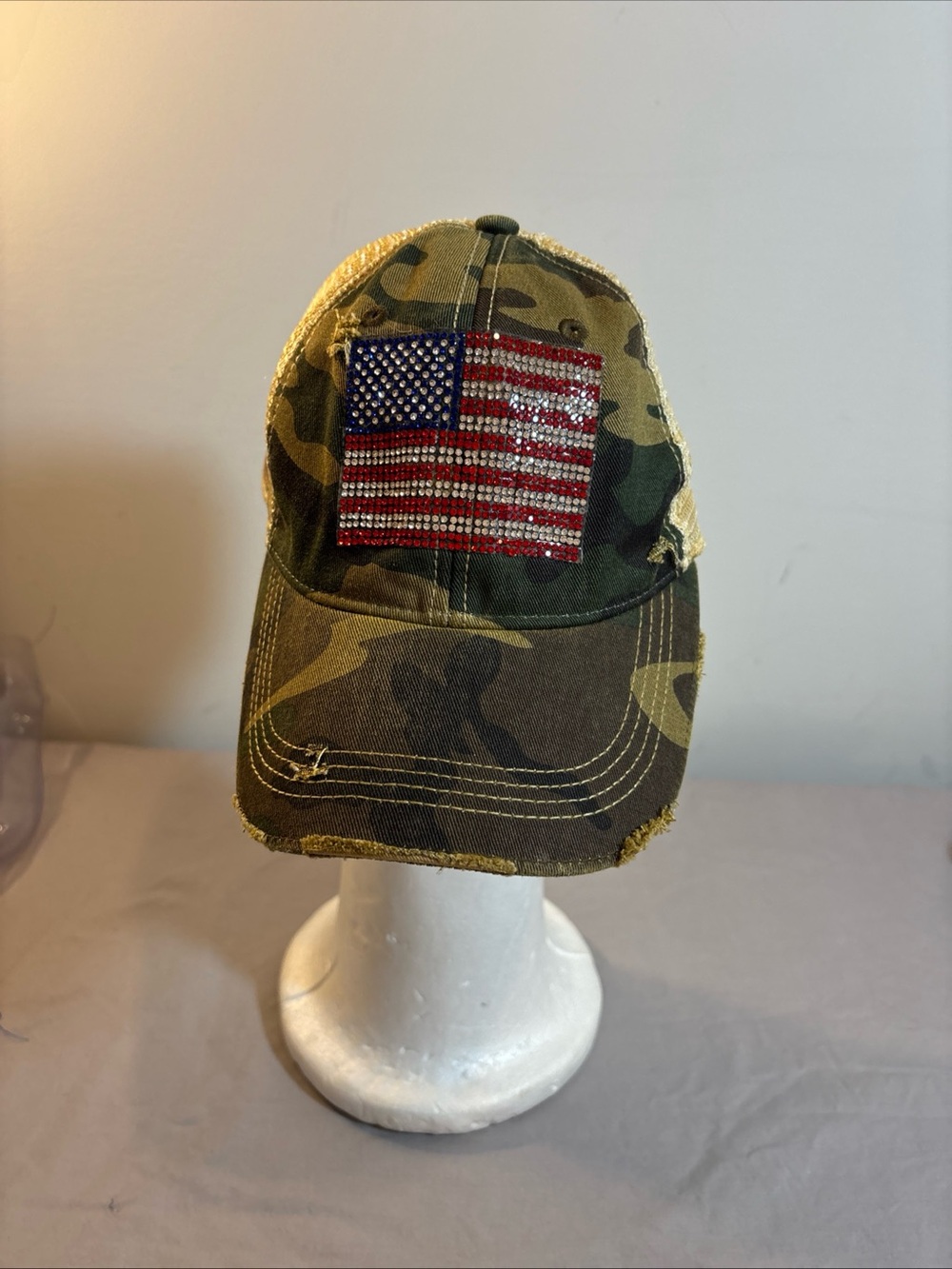 Judith March Camo Baseball Cap with Rhinestone American Flag